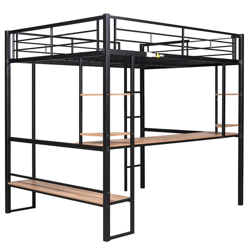 Full Size Loft Metal & MDF Bed with Long Desk and Shelves