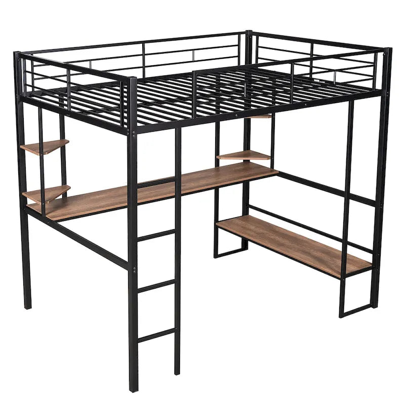 Full Size Loft Metal & MDF Bed with Long Desk and Shelves