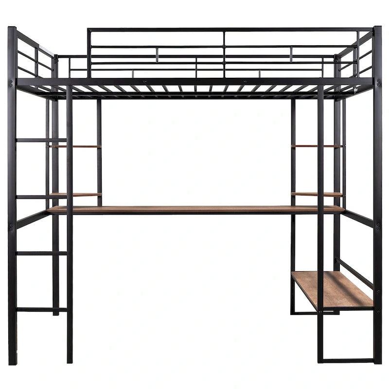 Full Size Loft Metal & MDF Bed with Long Desk and Shelves