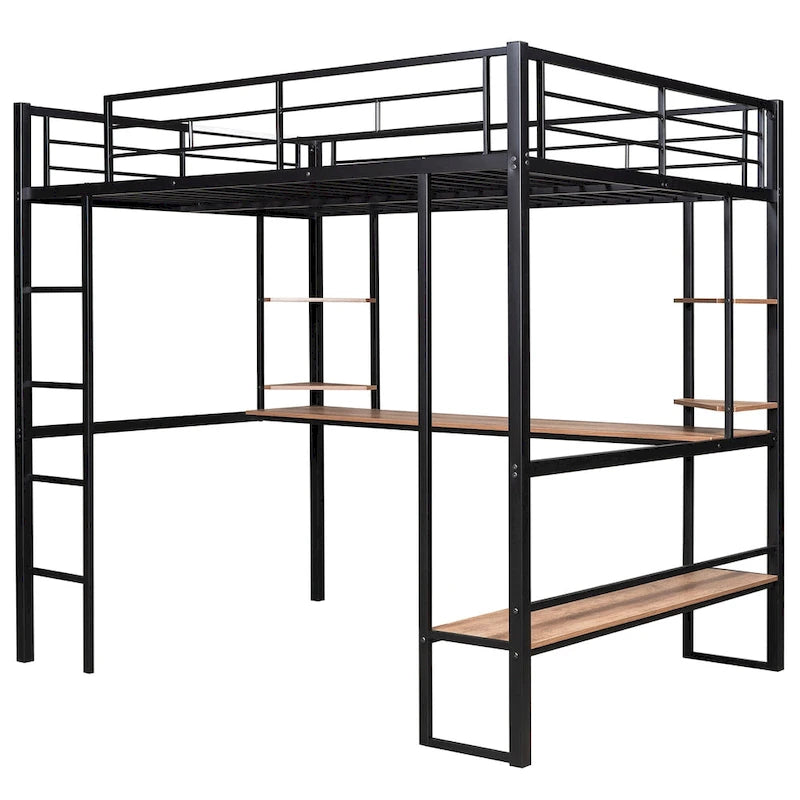 Full Size Loft Metal & MDF Bed with Long Desk and Shelves