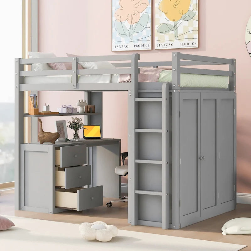 Full Loft Bed with Study Station, Wardrobe, Desk & Drawers