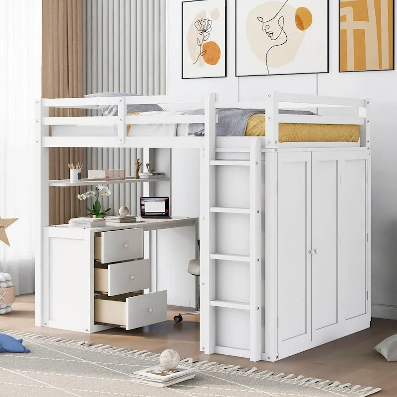 Full Loft Bed with Study Station, Wardrobe, Desk & Drawers