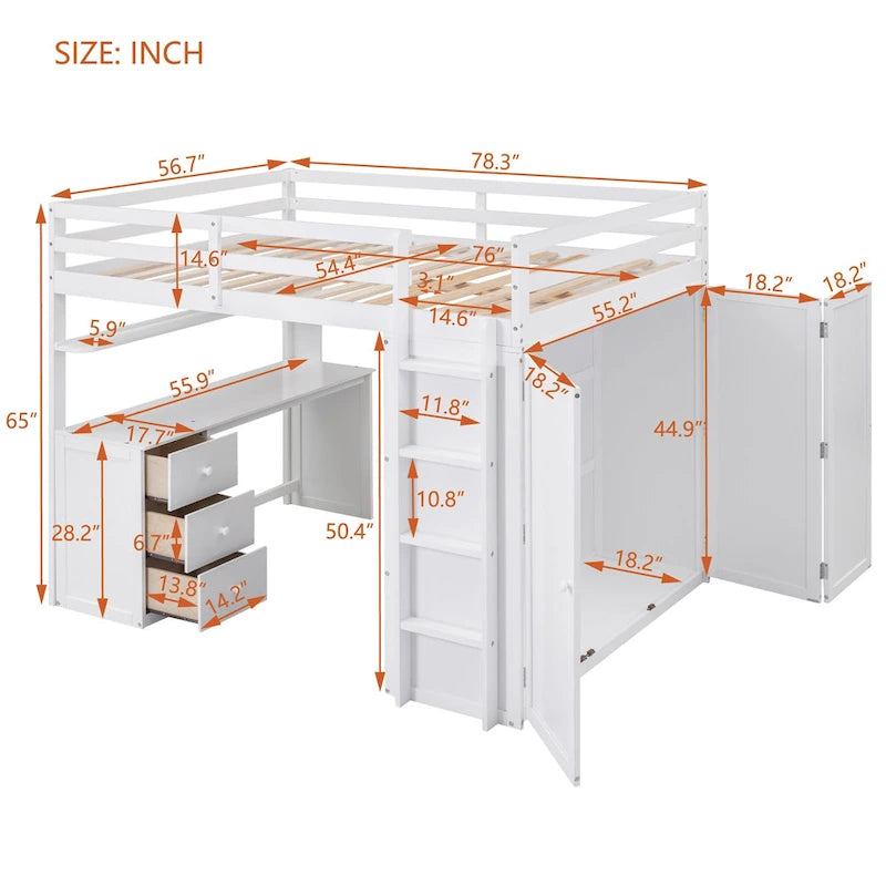 Full Loft Bed with Study Station, Wardrobe, Desk & Drawers