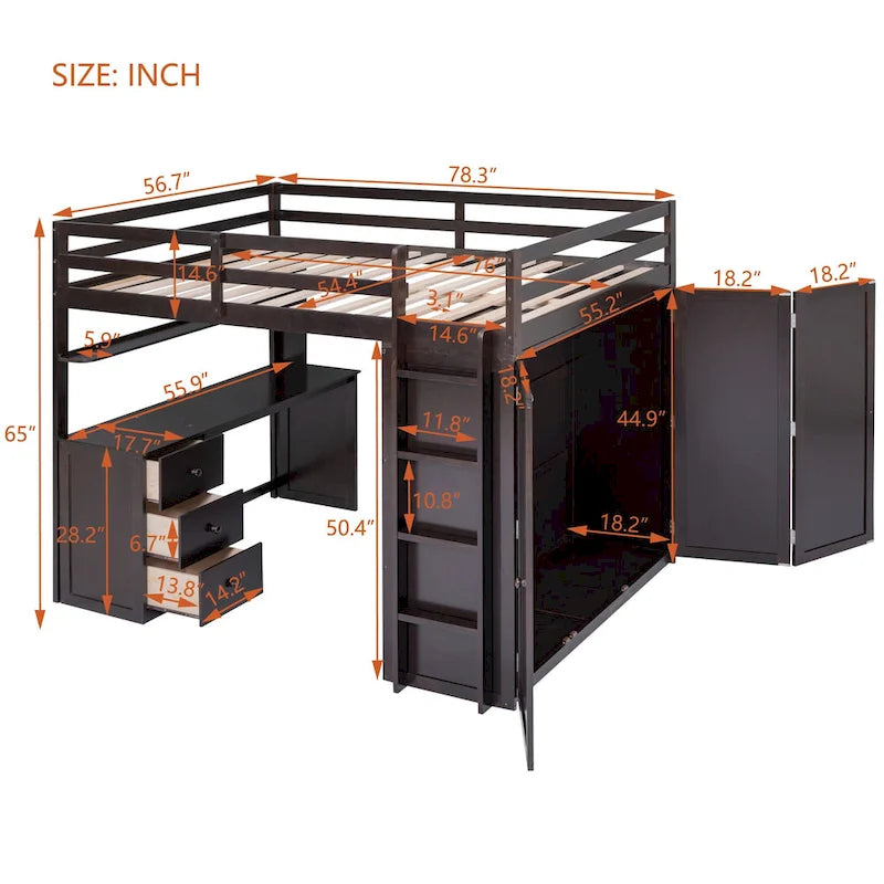 Full Loft Bed with Study Station, Wardrobe, Desk & Drawers