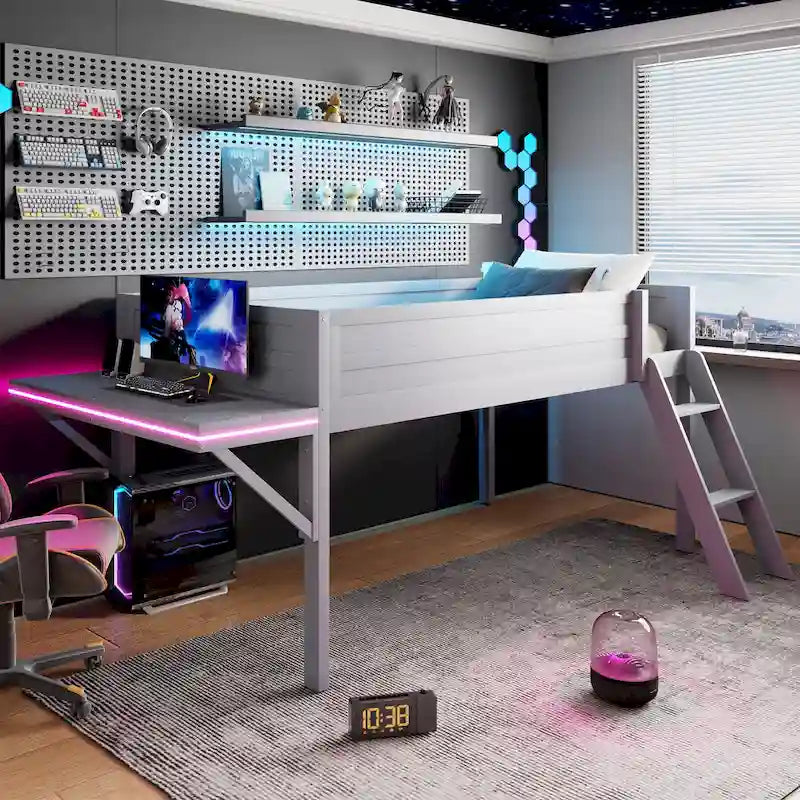 Twin Wood Gaming Loft Bed with LED Desk