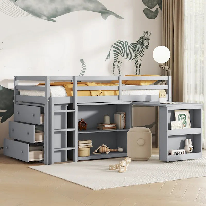 Twin Loft Bed with Pull-Out Desk, 3-Drawer Cabinet & Shelves