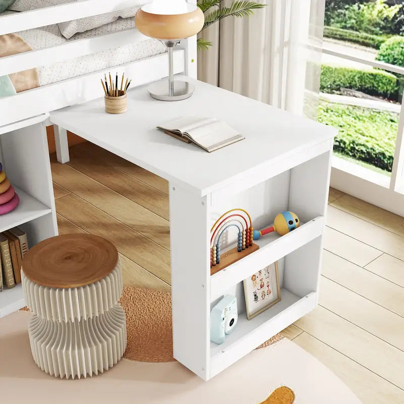 Twin Loft Bed with Pull-Out Desk, 3-Drawer Cabinet & Shelves