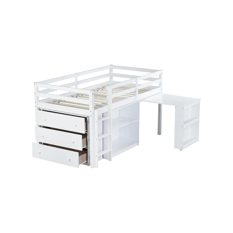Twin Loft Bed with Pull-Out Desk, 3-Drawer Cabinet & Shelves