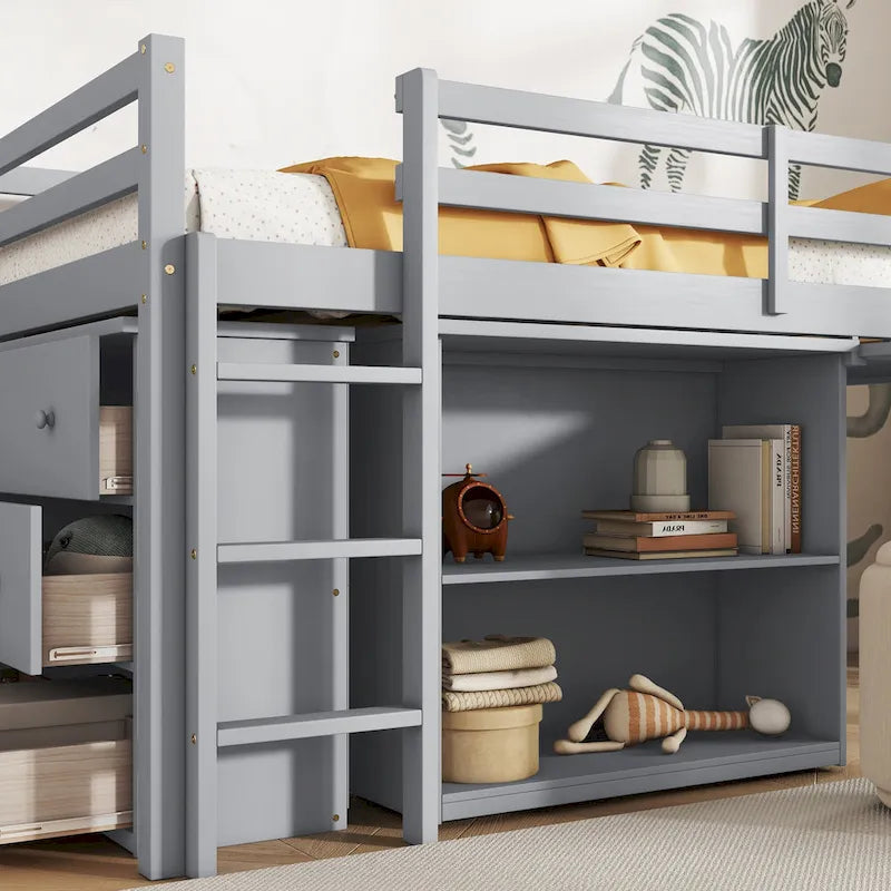 Twin Loft Bed with Pull-Out Desk, 3-Drawer Cabinet & Shelves