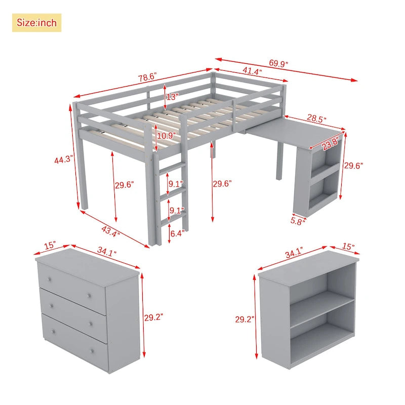 Twin Loft Bed with Pull-Out Desk, 3-Drawer Cabinet & Shelves