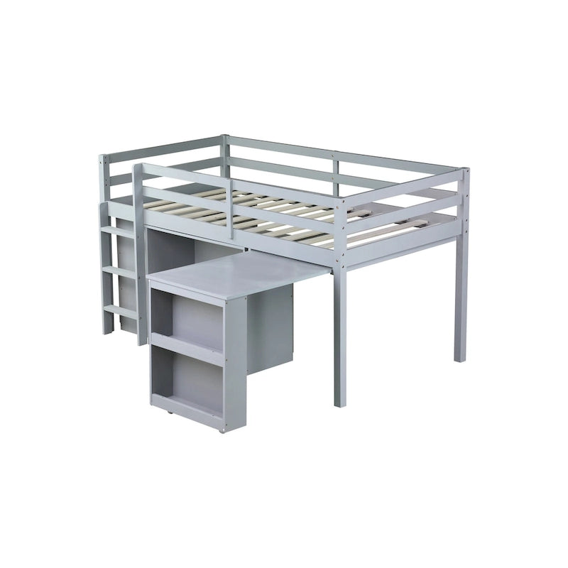Twin Loft Bed with Pull-Out Desk, 3-Drawer Cabinet & Shelves