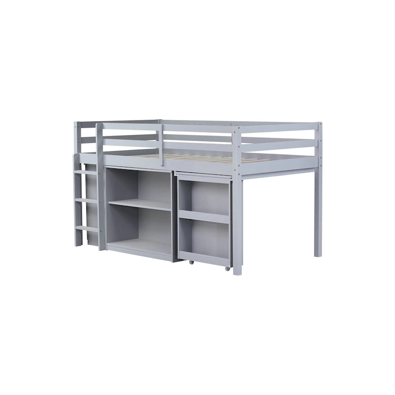 Twin Loft Bed with Pull-Out Desk, 3-Drawer Cabinet & Shelves