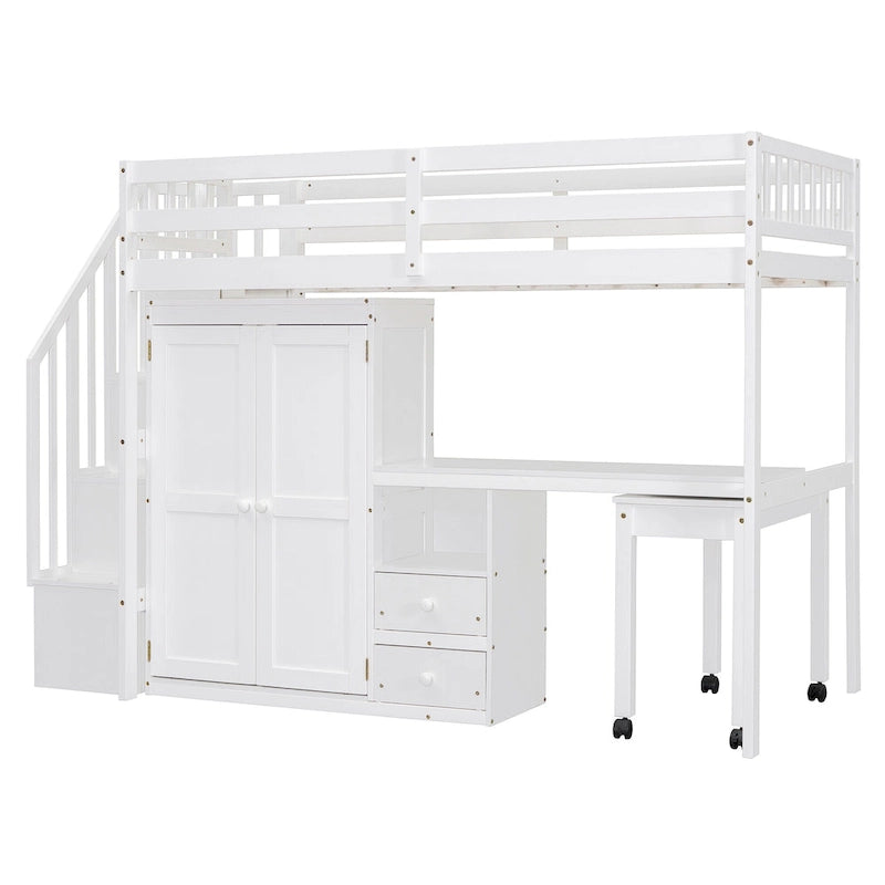 Twin Loft Bed with Staircase, Study Station & 5-in-1 Storage
