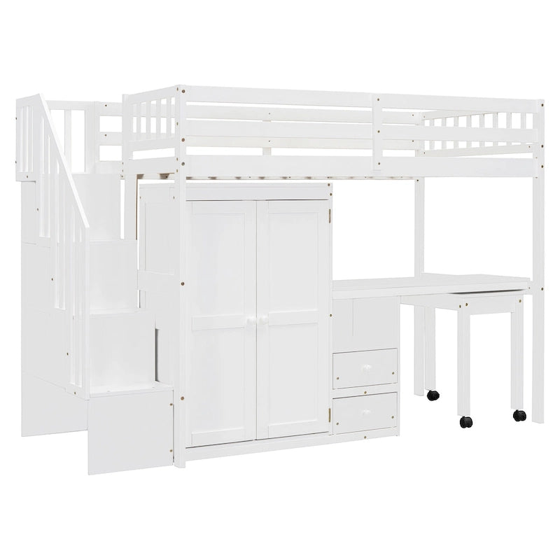 Twin Loft Bed with Staircase, Study Station & 5-in-1 Storage