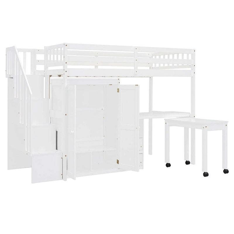 Twin Loft Bed with Staircase, Study Station & 5-in-1 Storage