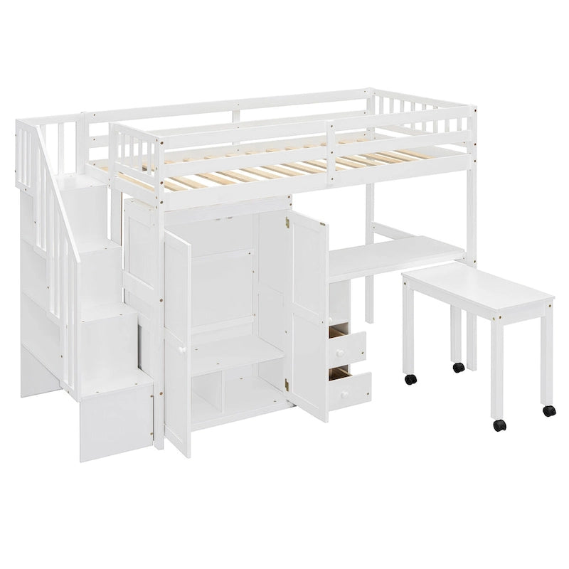 Twin Loft Bed with Staircase, Study Station & 5-in-1 Storage