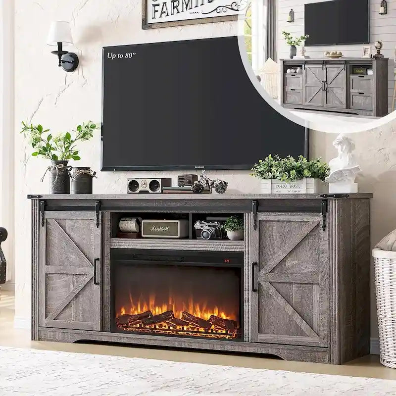 Farmhouse Fireplace TV Stand for 80 Inch TV, Entertainment Center
