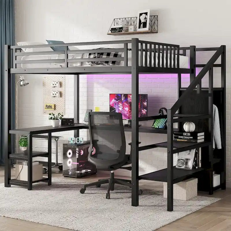 Full Loft Bed with Desk, Wardrobe, LED, USB