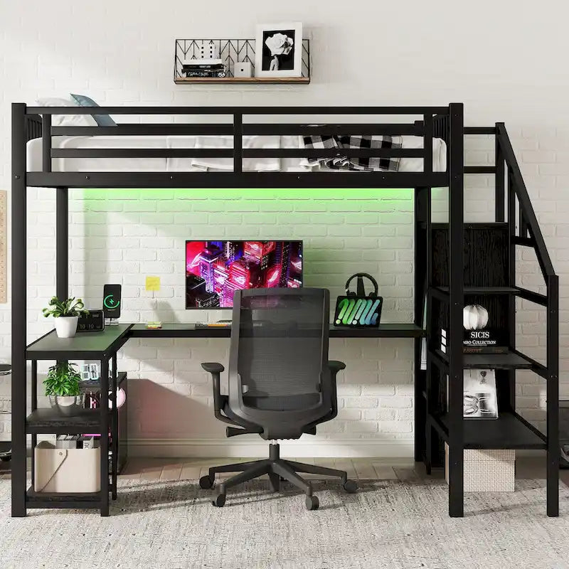 Full Loft Bed with Desk, Wardrobe, LED, USB