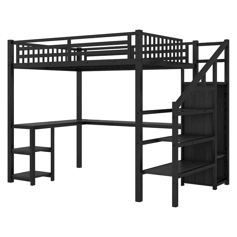 Full Loft Bed with Desk, Wardrobe, LED, USB