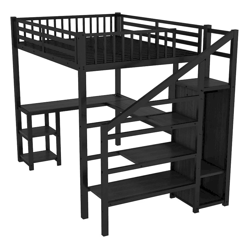 Full Loft Bed with Desk, Wardrobe, LED, USB