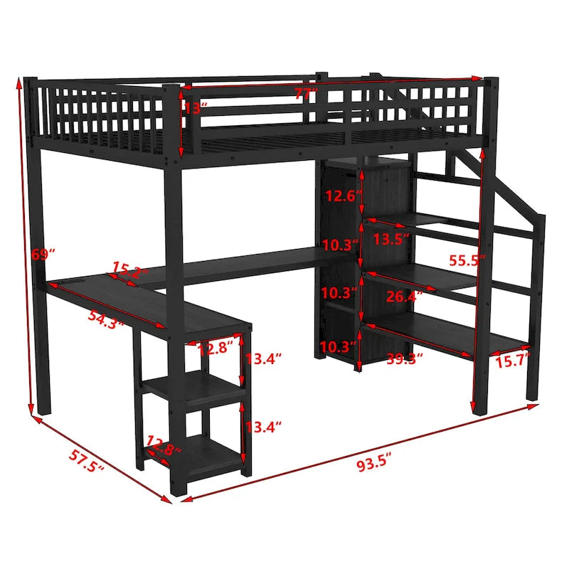 Full Loft Bed with Desk, Wardrobe, LED, USB