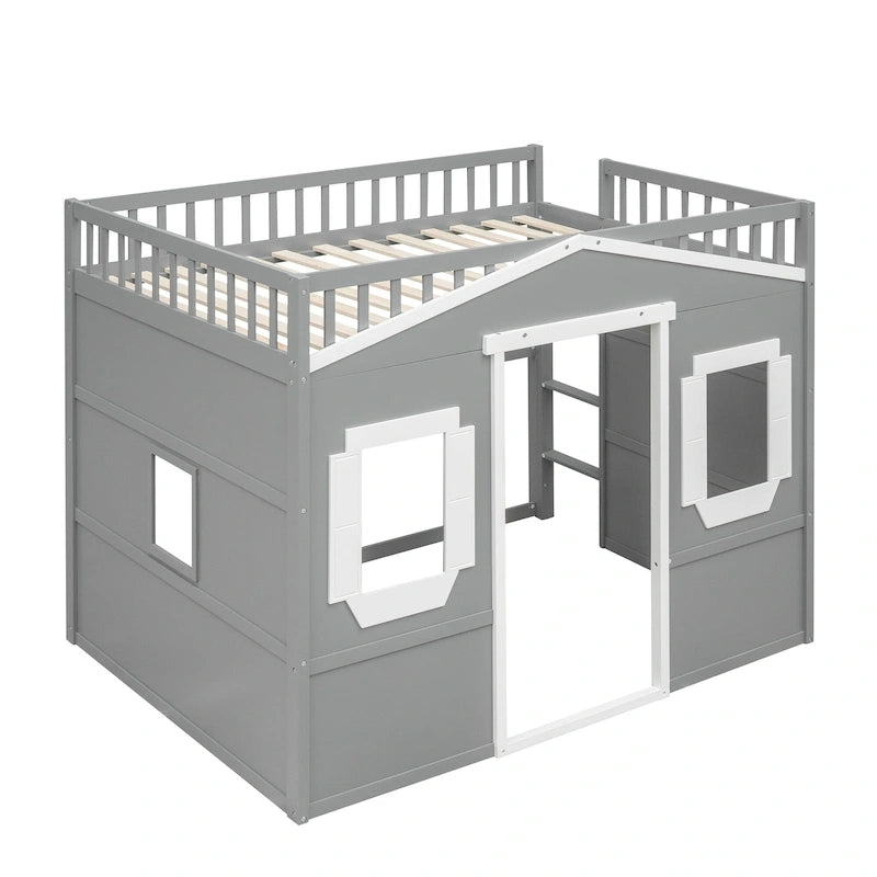 House Loft Bed With Ladder-Gray+White Frame