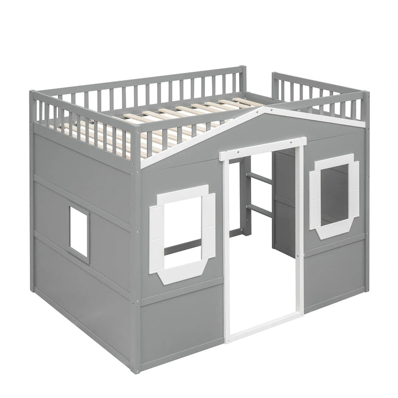 House Loft Bed With Ladder-Gray+White Frame