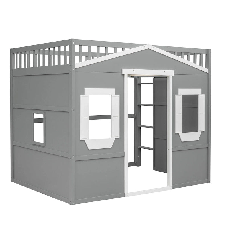 House Loft Bed With Ladder-Gray+White Frame