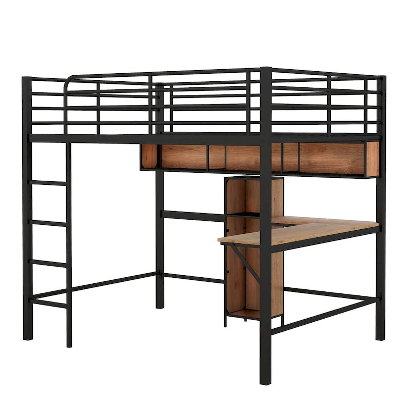 Full Size Metal & Wood Loft Bed with L -Shaped Desk and Shelves