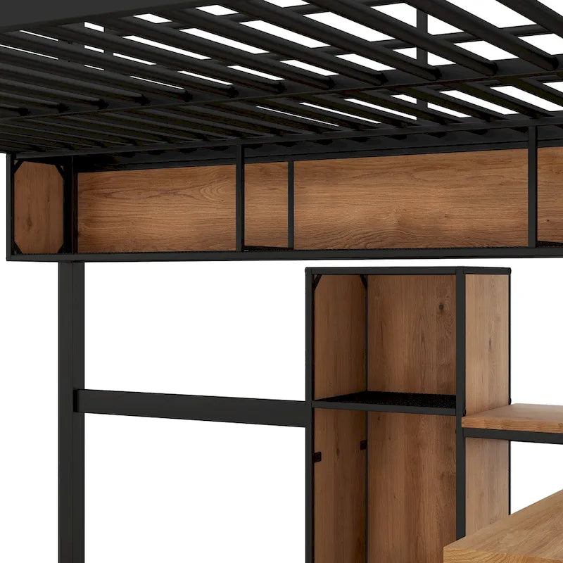 Full Size Metal & Wood Loft Bed with L -Shaped Desk and Shelves