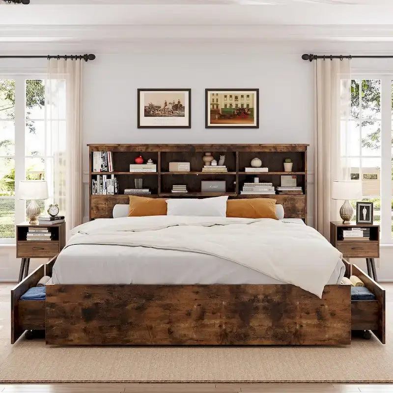 Full Bed Frame with High Storage Bookcase Headboard