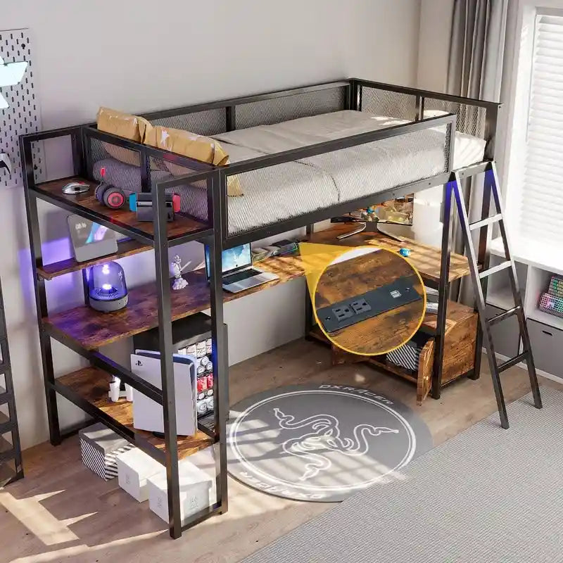 Twin Size Metal Loft Bed with Built-in Work Station, LED and Multiple Storage