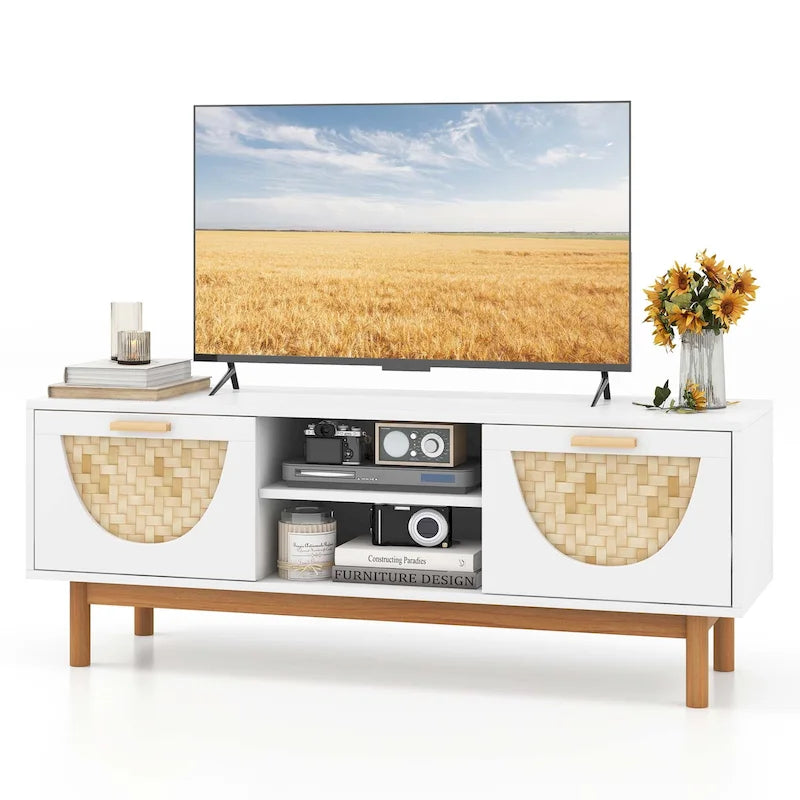 Meuble TV pour téléviseurs de 55 pouces avec 2 tiroirs et façades en bambou tressé - Voir détails