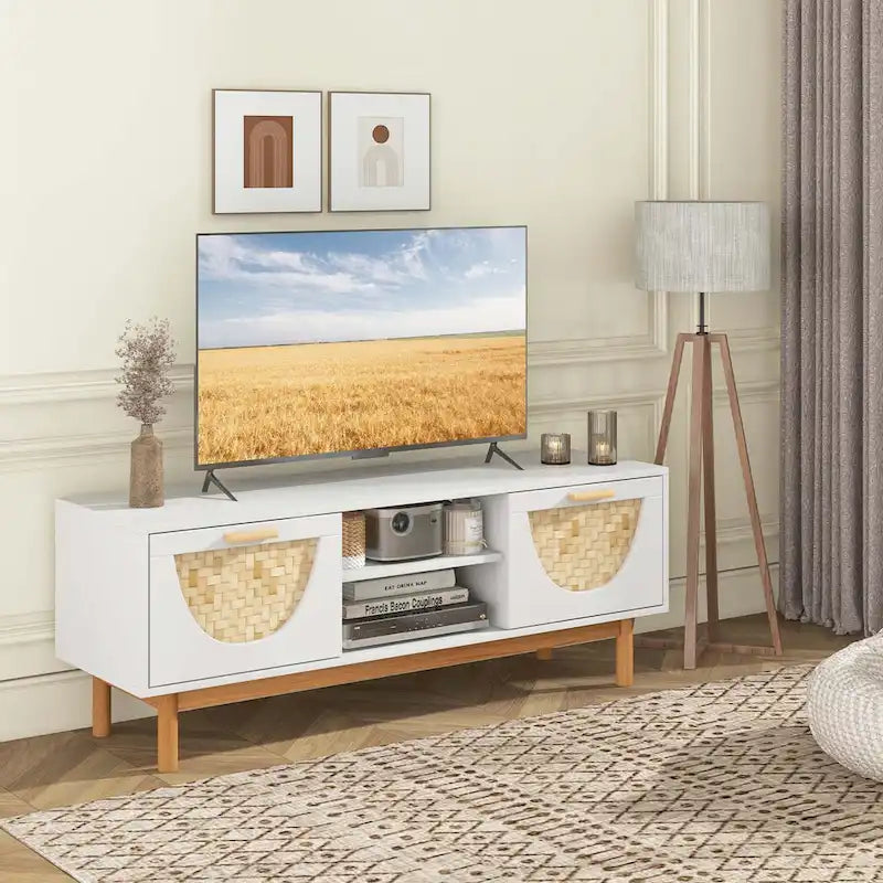 Meuble TV pour téléviseurs de 55 pouces avec 2 tiroirs et façades en bambou tressé - Voir détails