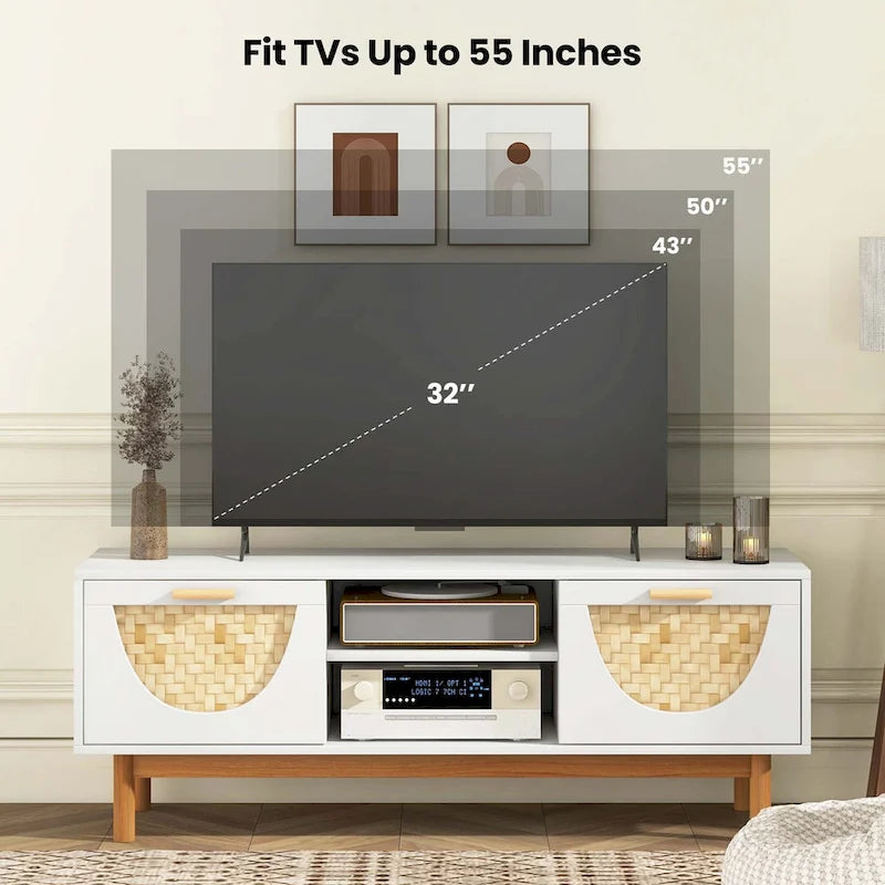 Meuble TV pour téléviseurs de 55 pouces avec 2 tiroirs et façades en bambou tressé - Voir détails