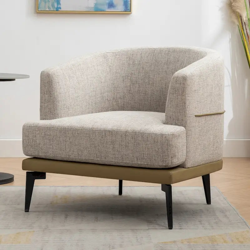 Fauteuil de salon contemporain en tissu bicolore avec pieds tonneau