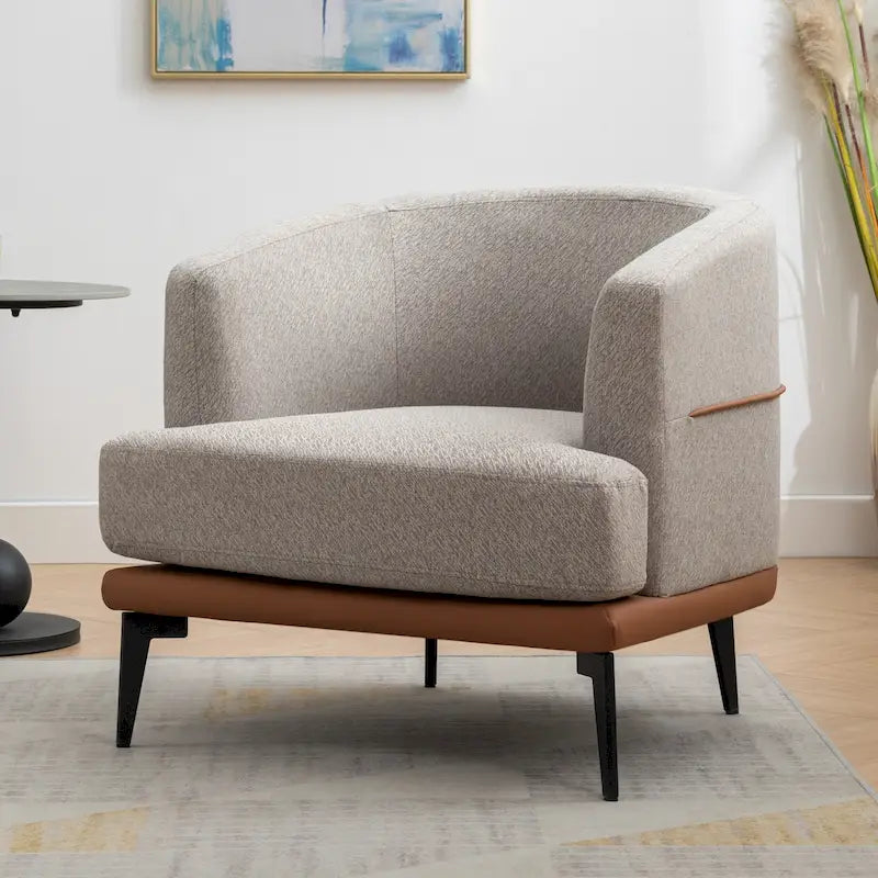 Fauteuil de salon contemporain en tissu bicolore avec pieds tonneau
