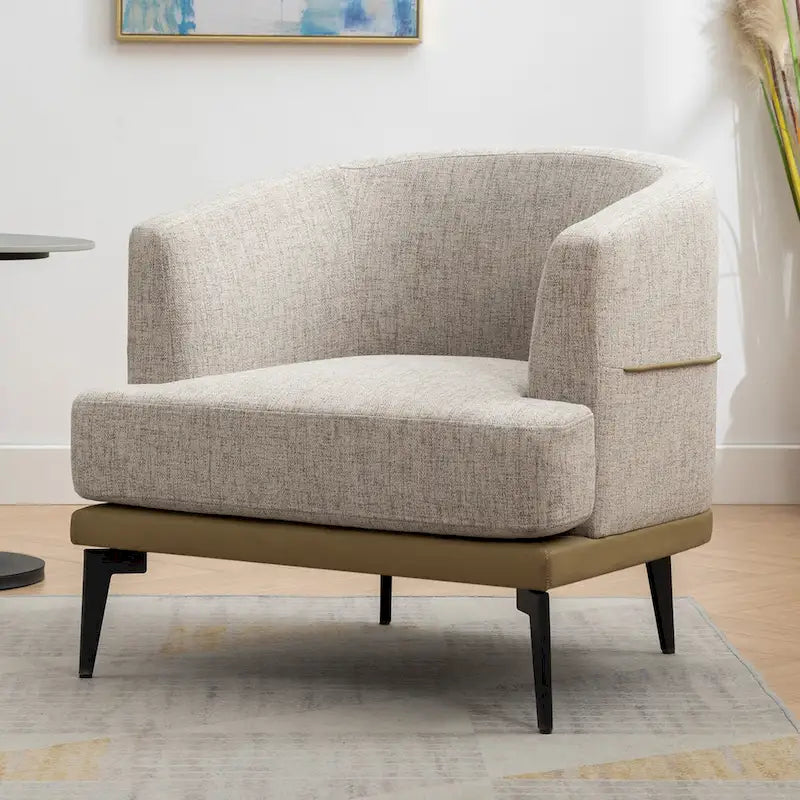 Fauteuil de salon contemporain en tissu bicolore avec pieds tonneau