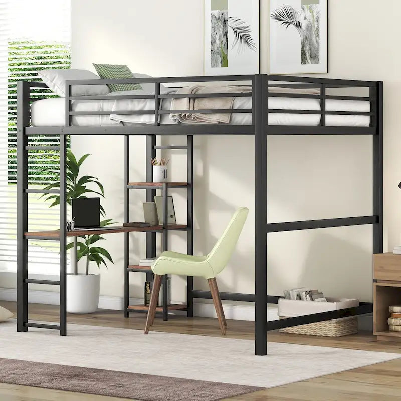 Full Size Metal Loft Bed with Built-in Desk and Storage Shelves