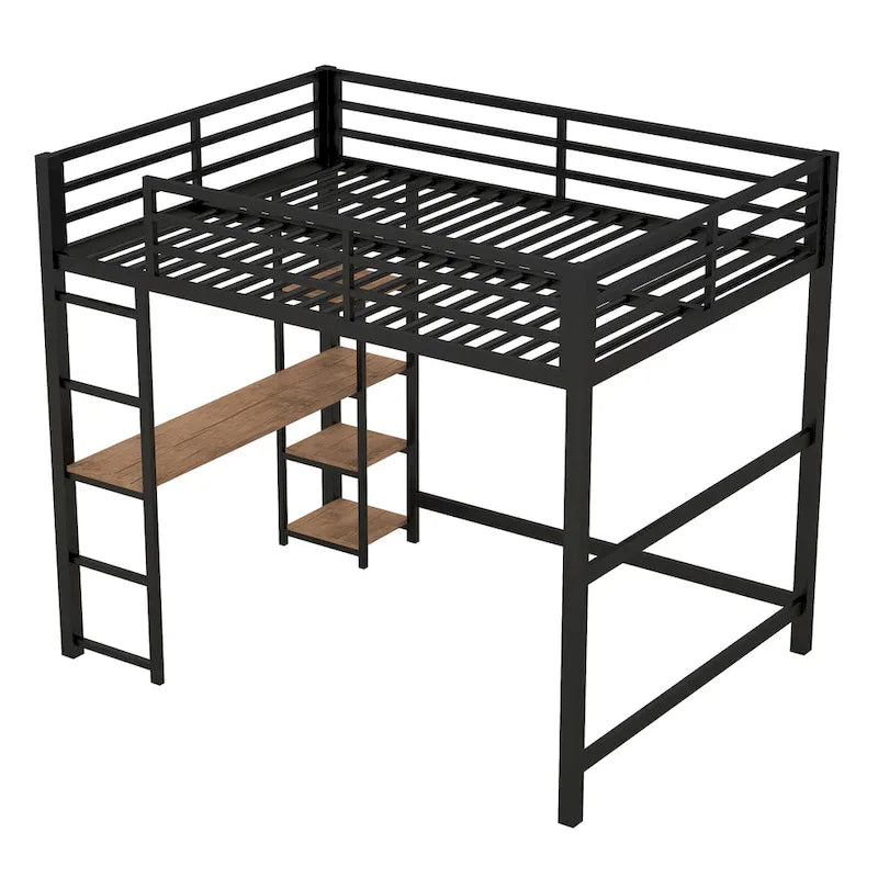 Full Size Metal Loft Bed with Built-in Desk and Storage Shelves