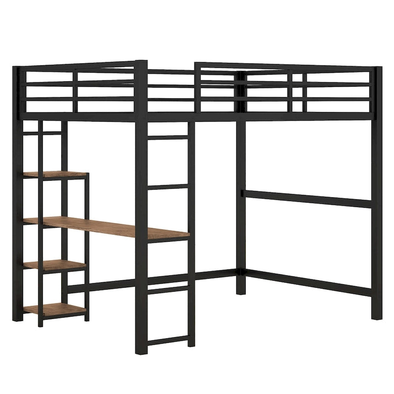 Full Size Metal Loft Bed with Built-in Desk and Storage Shelves