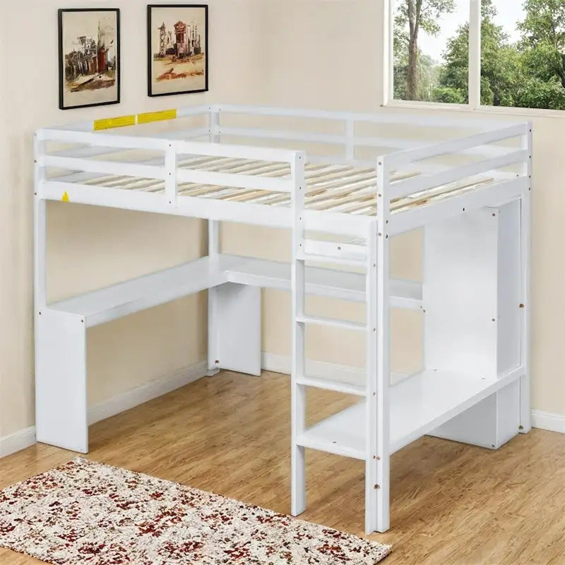 Full Size Loft Bed with L-shaped Desk,Wardrobe and Storage Shelves