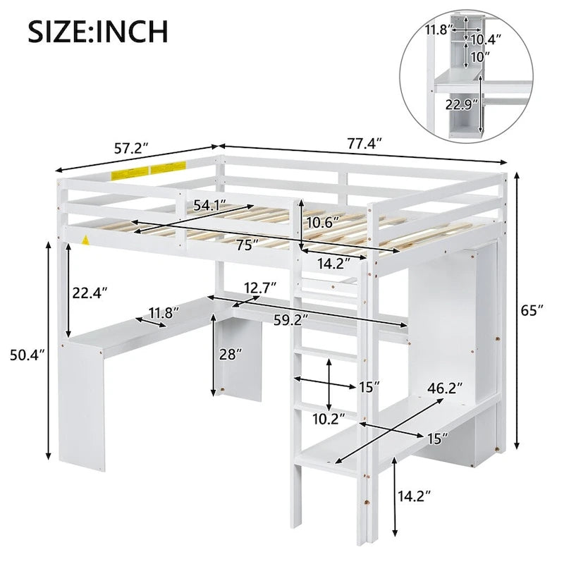Full Size Loft Bed with L-shaped Desk,Wardrobe and Storage Shelves