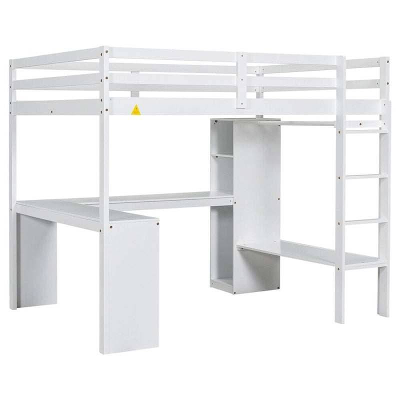 Full Size Loft Bed with L-shaped Desk,Wardrobe and Storage Shelves