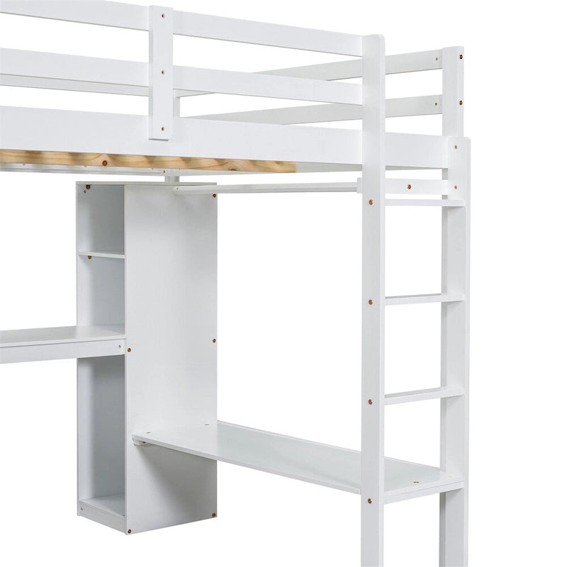 Full Size Loft Bed with L-shaped Desk,Wardrobe and Storage Shelves