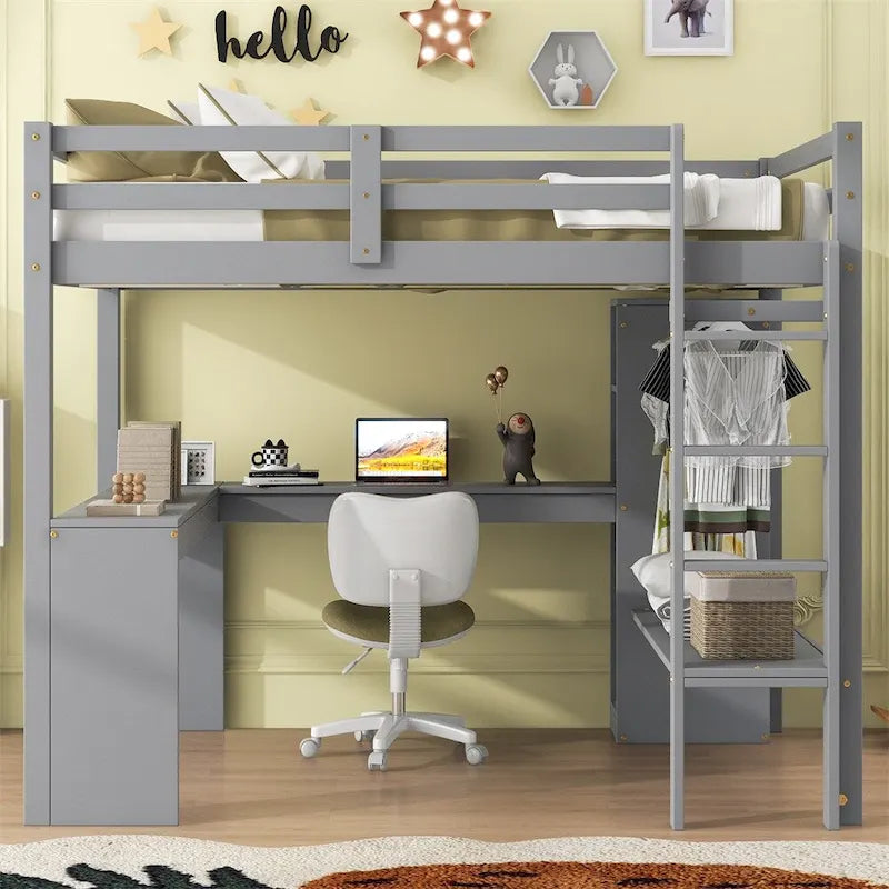 Full Size Loft Bed with L-shaped Desk,Wardrobe and Storage Shelves