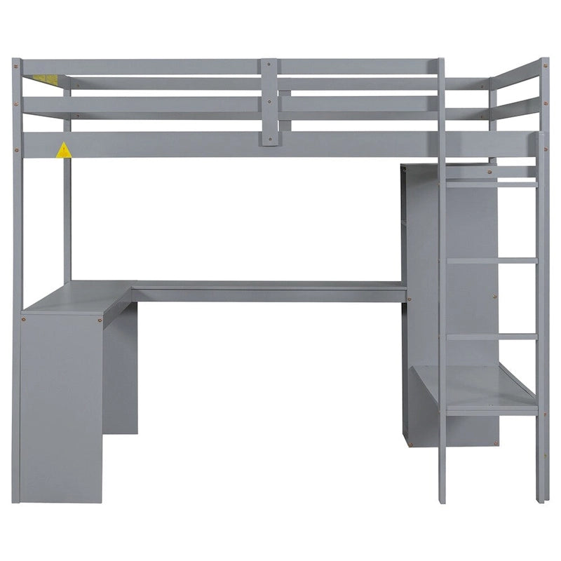 Full Size Loft Bed with L-shaped Desk,Wardrobe and Storage Shelves