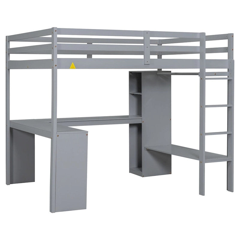 Full Size Loft Bed with L-shaped Desk,Wardrobe and Storage Shelves