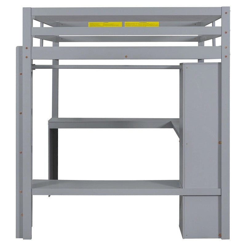 Full Size Loft Bed with L-shaped Desk,Wardrobe and Storage Shelves